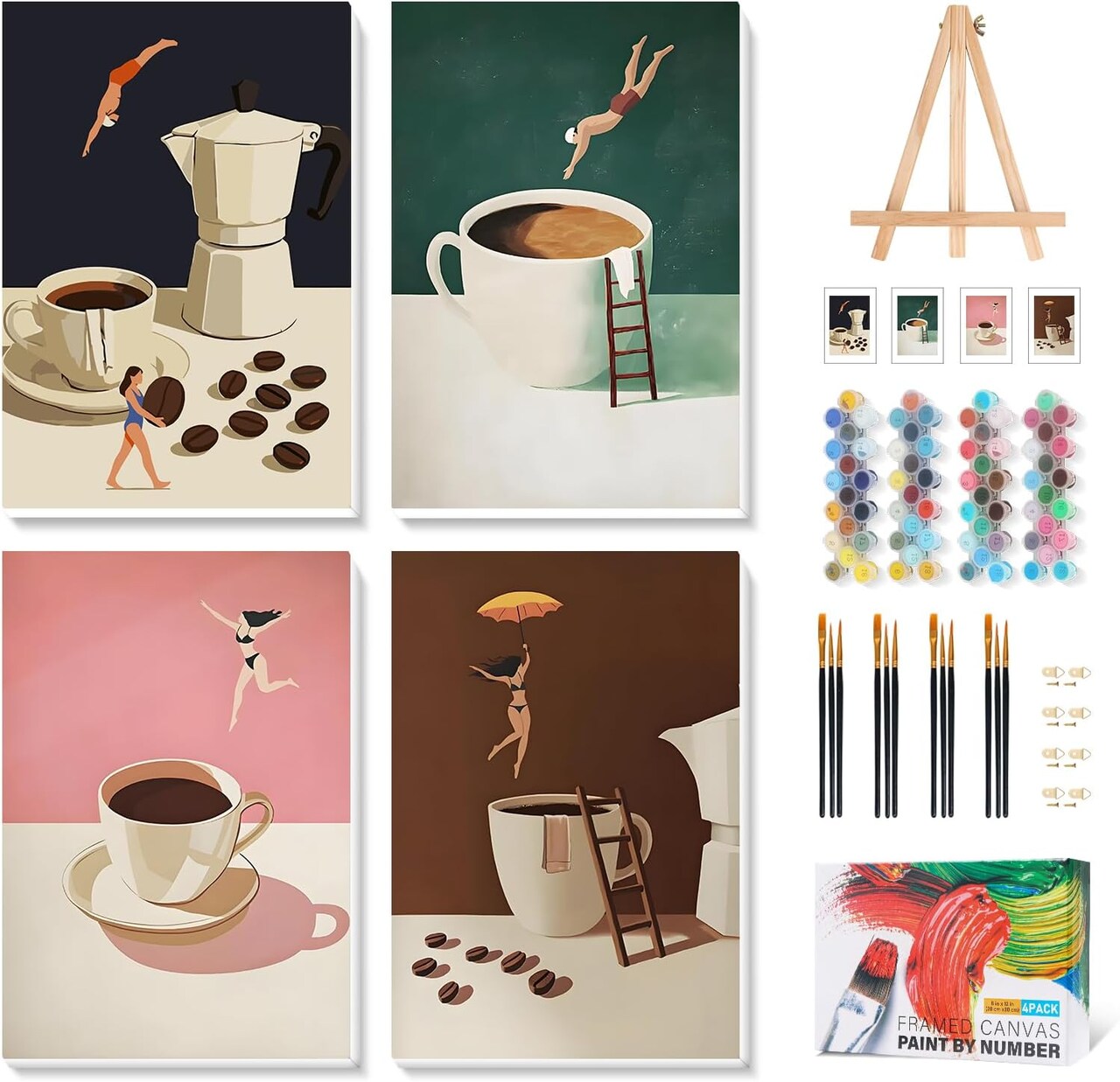 4 Pack Framed Paint By Number Kits for Adults with Wooden Easel – Coffee Theme DIY Acrylic Paint by Numbers on Canvas for Beginners, Ready-to-Display Wall Art Set, 8x12 Inch
